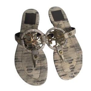 Tory Burch Miller Sandals Women’s 6 Beige Snakeskin Logo Thong Flat Summer Shoes
